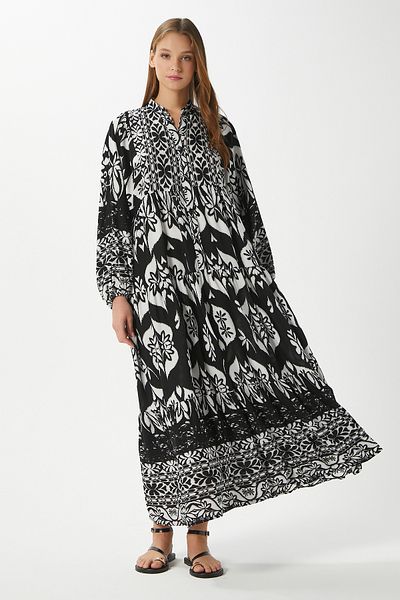 Ritnice Modest Kelly Black Women's 100% Viscose Maxi Length Tiered Balloon Sleeve Long Summer Dress