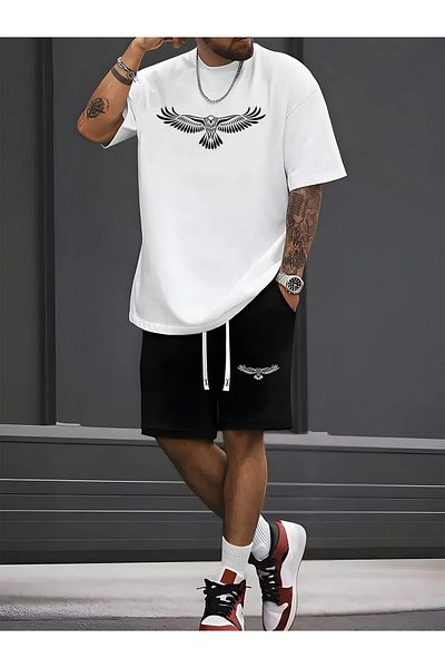 ACTIVE MODA - تي شيرت رجالي بأكمام قصيرة مطبوع عليه أجنحة مزدوجة - شورت مكون من قطعتين مقاس كبير من القطن