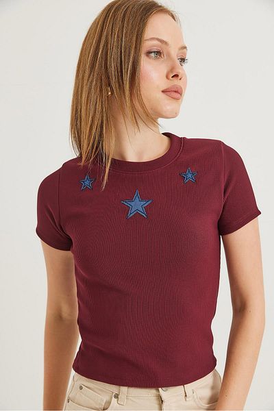 Raneel Kazançlı Alışveriş Star Detailed Corded Short Sleeve Crop Blouse Claret Red
