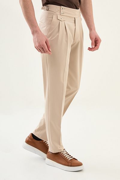 Mcr Straight Super Slim Fit Pleated Men's Trousers with Buckle Waist Beige - 38294.25Y