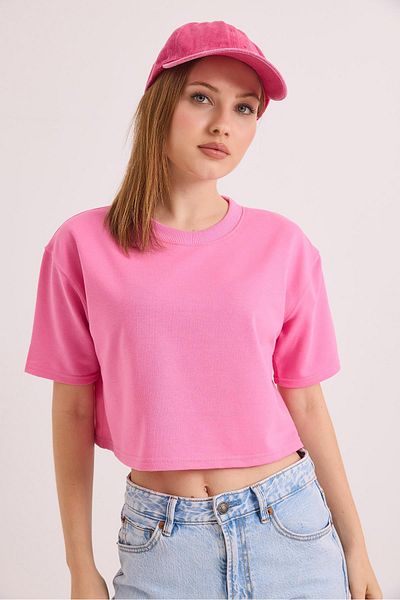 Raneel Kazançlı Alışveriş Crew Neck Two Thread Crop Blouse Pink