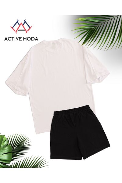 ACTIVE MODA -قميص رجالي بأكمام قصيرة بدون طباعة - شورت طقم مكون من قطعتين مقاس كبير من القطن
