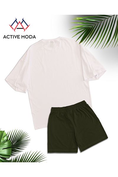 ACTIVE MODA -قميص رجالي بأكمام قصيرة بدون طباعة - شورت طقم مكون من قطعتين مقاس كبير من القطن