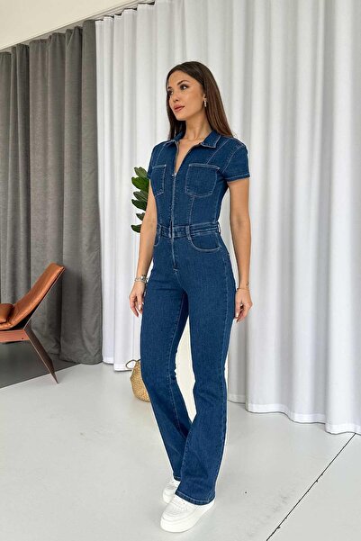 Mine Tan Butik Zipper Detailed Denim Women's Jumpsuit - Blue
