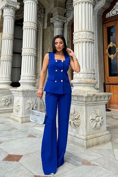 msm fashion Women's Bottom Top Double Set Stylish Button Detail Square Neck Vest Pants Set