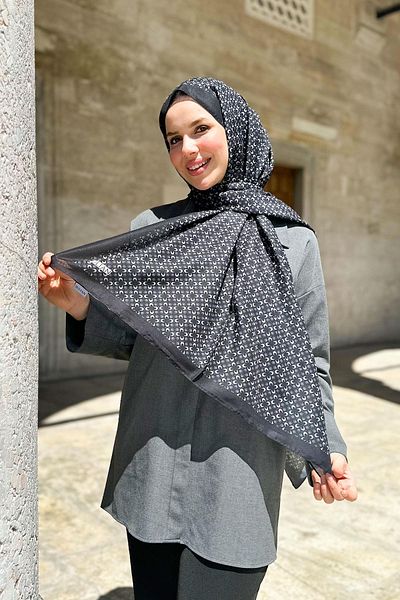 Sultan Eşarp Sultan Fresh Cotton Shawl - Μοτίβο τριφυλλιού - SLF004-07 - Μαύρο, Γκρι