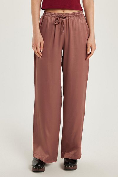 Tudors Women's Regular Fit Elastic Waist Tie Satin Wide Leg Pink Trousers