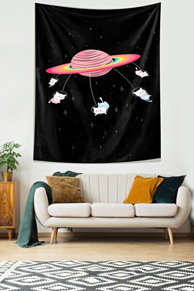 linazaitun Planet Astronaut Cats Black Stain Resistant Fabric Wall Cloth Wall...