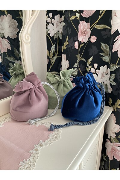 Hyatt Concept Kordon saplı ipek kadife oval tabanlı astarlı çanta kese hediye...