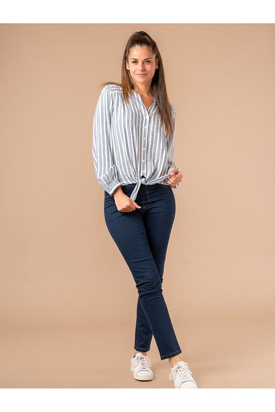 Kübra Tekstil Cămașă cu mânecă lungă Lupinn Fashion pentru femei, alb, albastru, cu dungi, cu șireturi