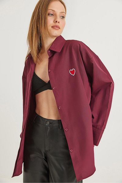 CALİENTE Heart Embroidered Oversize Basic Shirt Claret Red