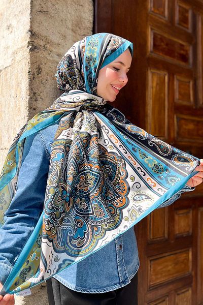 Sultan Eşarp Σαλιάρα Sultan Fresh Cotton - Orient Express Model - SLF001-06 - Τυρκουάζ, Λαδιοπράσινο, Απαλό Πορτοκαλί