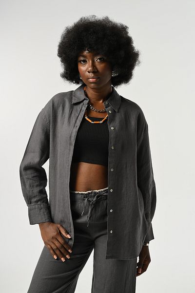 Orfeo Negro Women's 100% Linen Shirt with Front Stripes and Back Button Detail