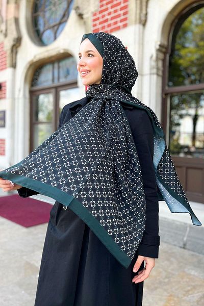 Sultan Eşarp Sultan Fresh Cotton Shawl - Μοτίβο τριφυλλιού - SLF004-05 - Σμαραγδένιο πράσινο, μαύρο