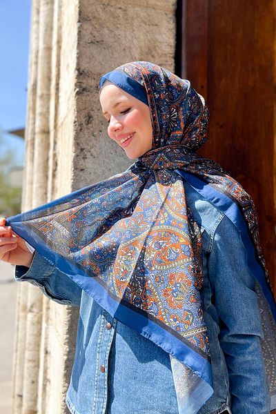Sultan Eşarp Sultan Fresh Cotton Shawl - Μοτίβο πλακιδίων - SLF002-01 - Μπλε, Πορτοκαλί, Πράσινο