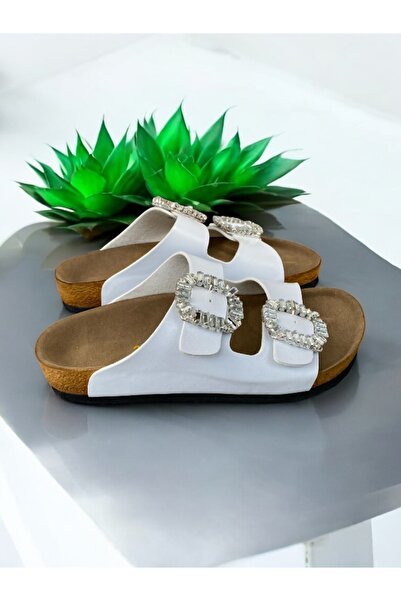 Dilesa White Women's Stone Buckle Orthopedic Sole Slippers Double Banded Buckle Daily Comfortable Home & Outdoor Slippers