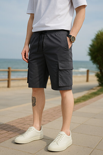 Pobudo Antrasit Renk Kargo Cepli Paraşüt Kumaş Erkek Şort
