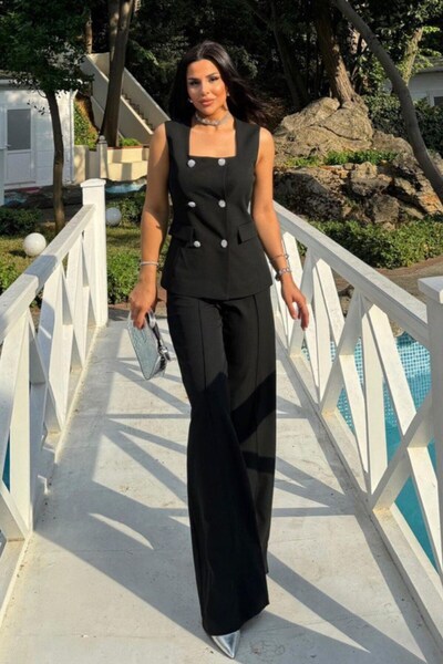 VZ BUTİK Női alsó felső dupla öltöny Stílusos gombos részletes négyzet galléros mellény nadrág öltöny