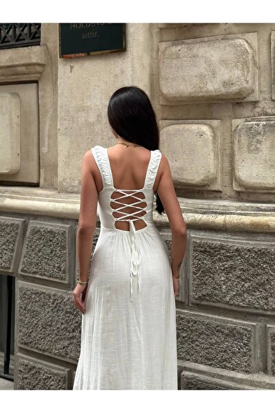 MetuCA Λινό μάξι φόρεμα με κορδόνια στην πλάτη με λεπτομέρεια σχισμή – καλοκα...