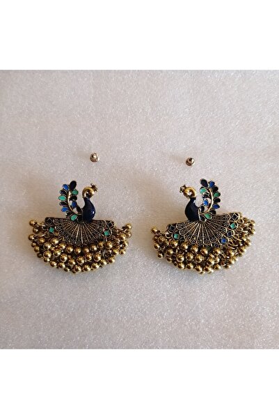 Butik Tülin Otantik el yapımı bronz çok renkli emaye pirinç boncuklu tavus kuşu küpe 4.5x4.5 cm Hint Malı