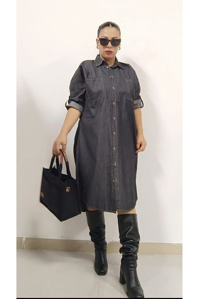 AKŞEN GİYİM Plus Size Slim Jeans Denim Shirt Collar Jean Dress - Neck Button and Foldable Sleeve