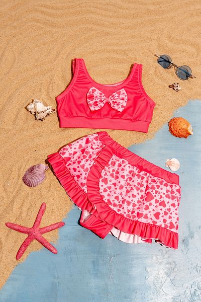 Minipodyum Girl's Bow Detailed Heart Patterned Bikini Set