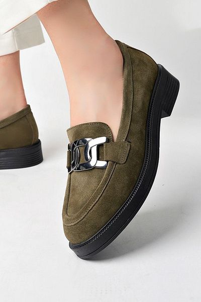 GRADA Khaki Suede Women's Loafer Shoes Khaki Green Genuine Suede Leather Buckle Women's Khaki Color Casual Loafer