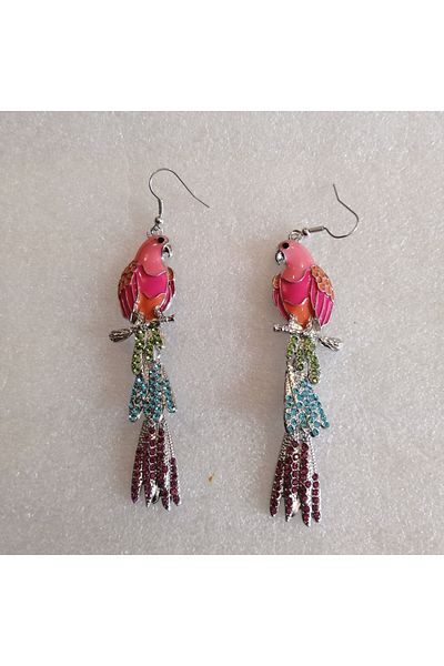 Butik Tülin Authentic Handmade Sterling Silver Metal Pink Enamel Multicolor Cutout Shiny Crystal Stone Parrot Earrings 9X2 cm