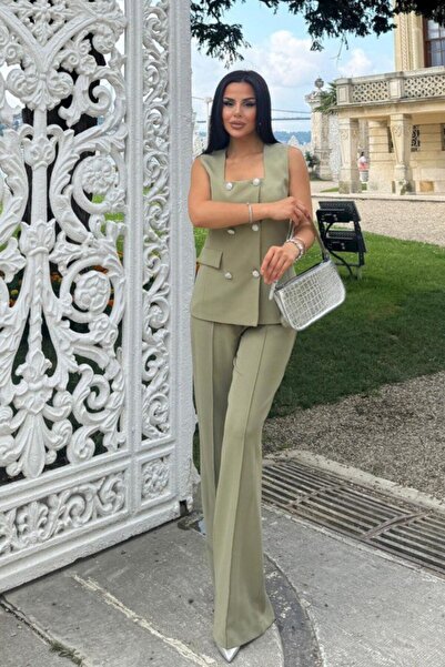 VZ BUTİK Women's Bottom Top Double Set Stylish Button Detail Square Neck Vest Pants Set