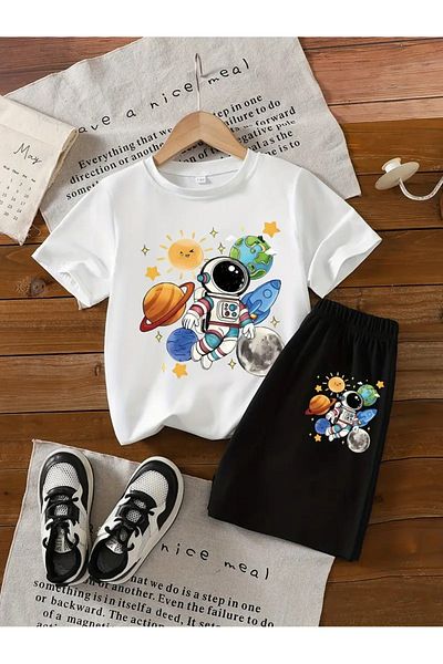 vinraus Girl\Boy White-Black Traveling Astronaut Printed Combed Cotton Shorts-Tshirt Set