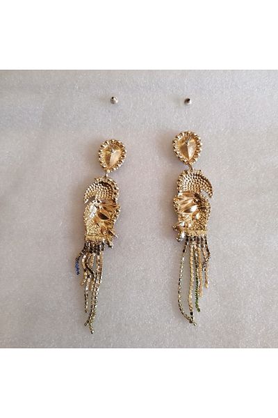 Butik Tülin Authentic Handmade Gold Metal Multicolor Cutout Shiny Crystal Stone Toucan Bird Earrings 12.5X2.5Cm Indian