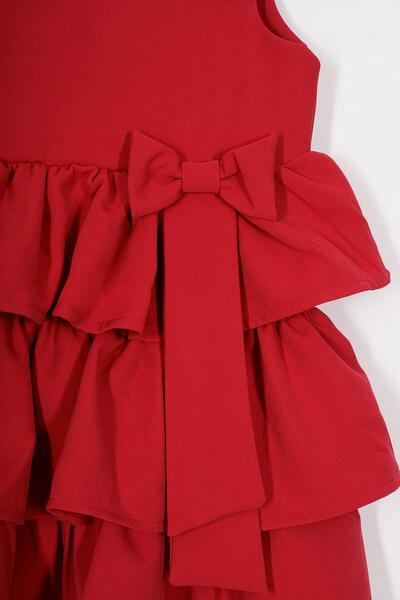 zepkids Crew Neck Ribbon Detailed Skirt Ruffled Zero Sleeve Red Color Girl's Dress