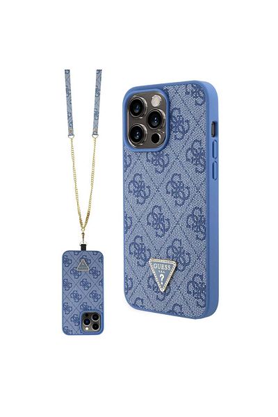 Guess IPhone 15 Pro Case with Lanyard, Leather Metal Logo Strass Crossbody, Guess - Blue
