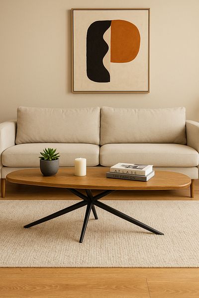 Orient Modern Oval Wooden Coffee Table with Black Metal Legs - Stylish Living Room Center Table 120x40x70cm