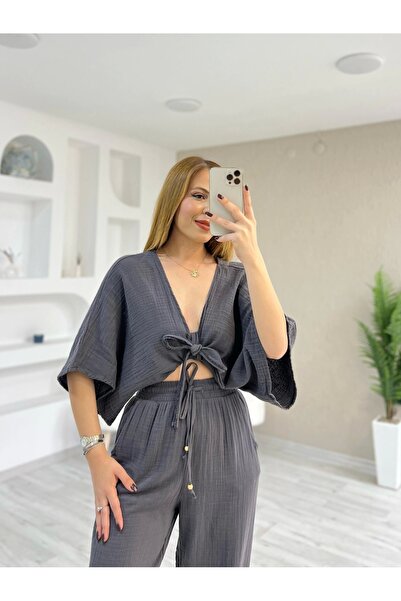 İrka Moda Muslin Fabric Kimono Set Anthracite