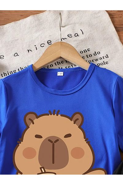 vinraus Girl\Boy Sax Blue-Black Sweet Capybara Printed Combed Cotton Shorts-Tshirt Set