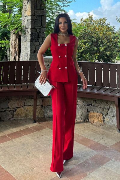 VZ BUTİK Women's Bottom Top Double Set Stylish Button Detail Square Neck Vest Pants Set