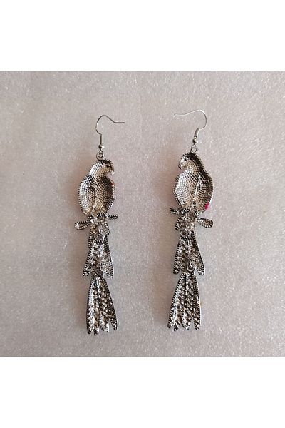 Butik Tülin Authentic Handmade Sterling Silver Metal Pink Enamel Multicolor Cutout Shiny Crystal Stone Parrot Earrings 9X2 cm