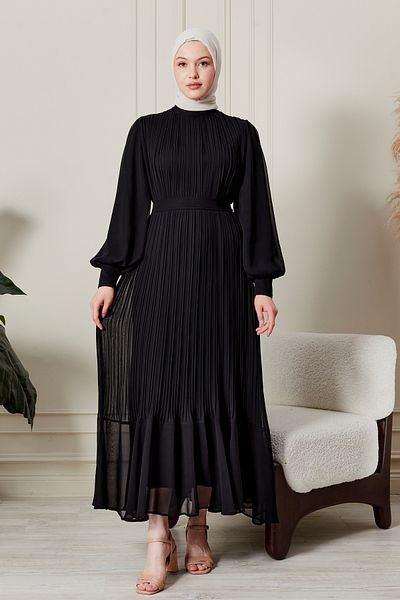 AVVER Pleated Chiffon Hijab Dress with Sleeve Zipper Detail