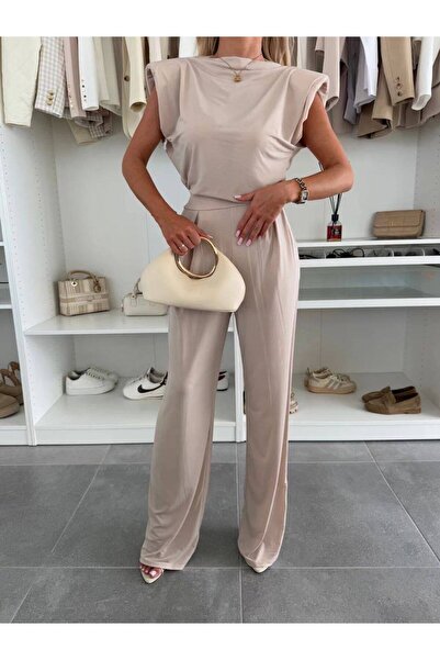 Cistern İstanbul Γυναικείο Μπεζ Παντελόνι Μπλούζα με Λεπτομέρειες Σετ δύο τεμαχίων