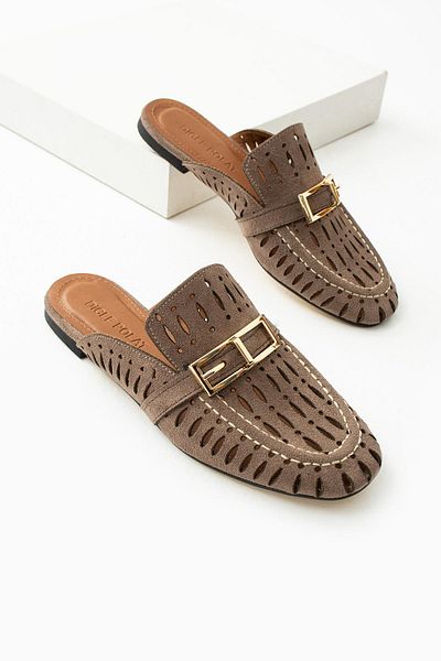diclepolat Γυναικεία Suede Gold Buckle Λεπτομερής επίπεδη σόλα καθημερινή και άνετη παντόφλα Serez Mink