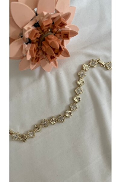 ZEYCE Gold Taşlı Yonca Bileklik 14k Altın Renginde