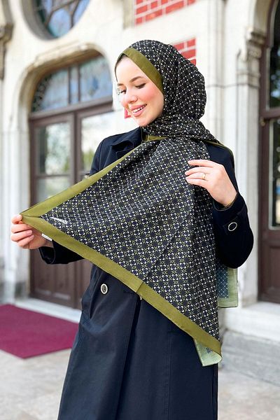 Sultan Eşarp Sultan Fresh Cotton Shawl - Μοτίβο τριφυλλιού - SLF004-08 - Μαύρο, Πράσινο λάδι
