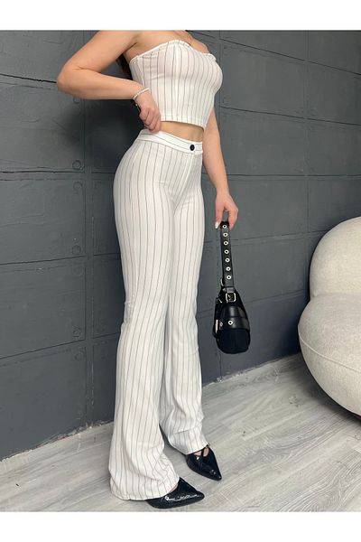 Cistern İstanbul Γυναικείο Λευκό Ριγέ Μπουστάκι Παντελόνι Διπλό Σετ Μπλουζάκι