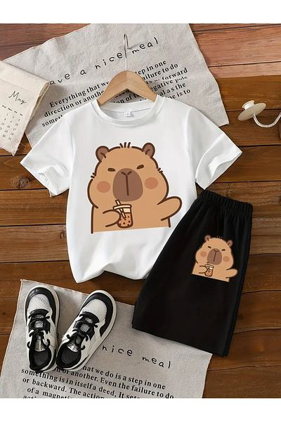 vinraus Girl\Boy White-Black Sweet Capybara Printed Combed Cotton Shorts-Tshirt Set