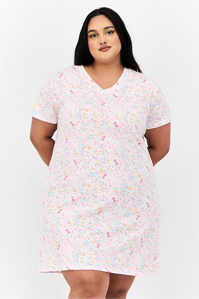 Celestial Dreams Women Plus Size V Neck Allover Print Short Sleeves Sleepwear Dress, Multicolor