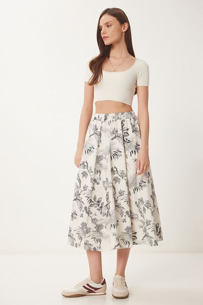 Lovelyİstanbul Patterned Flared Summer Midi Skirt Cream Black Lcr0071