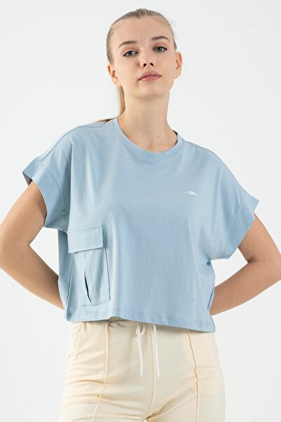 MARATON بلوزة نسائية مريحة برقبة دائرية باللون الأزرق الضبابي