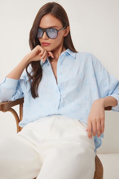 Lovelyİstanbul Cămașă de muselină brodată SKY BLUE LHF0022