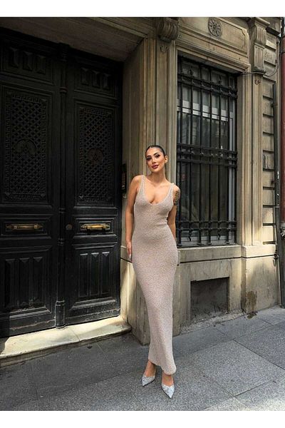 Cistern İstanbul Γυναικείο Πλεκτό Φόρεμα Βιζόν Μπροστινό Πίσω V λαιμόκοψη Νέας Σεζόν Καλοκαιρινό Πλεκτό Φόρεμα